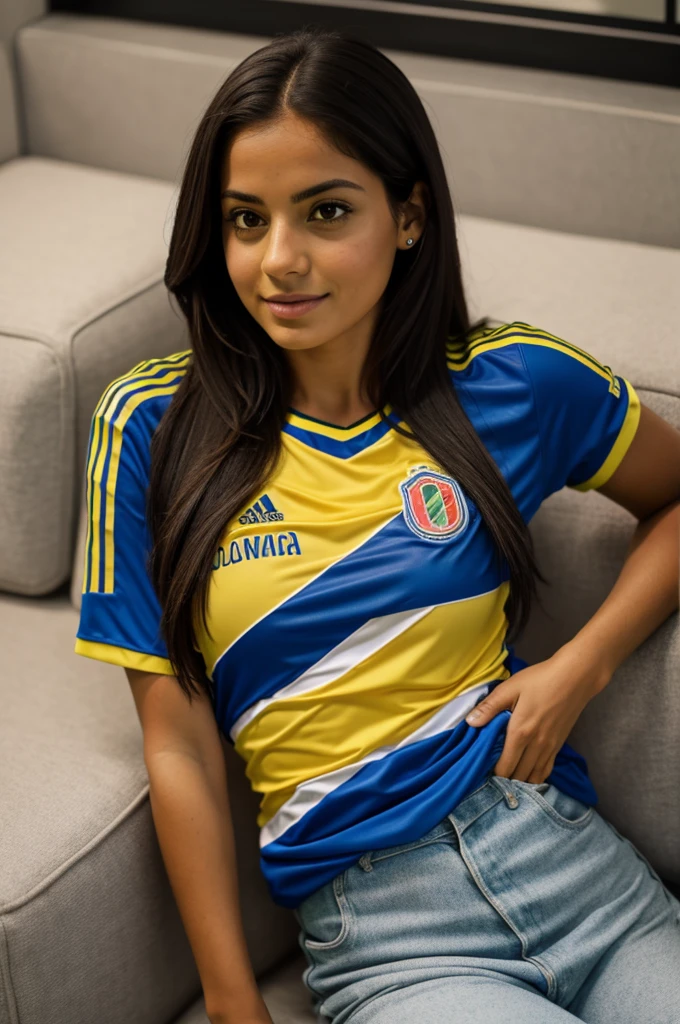 Ana watching the soccer game with a Colombia shirt 