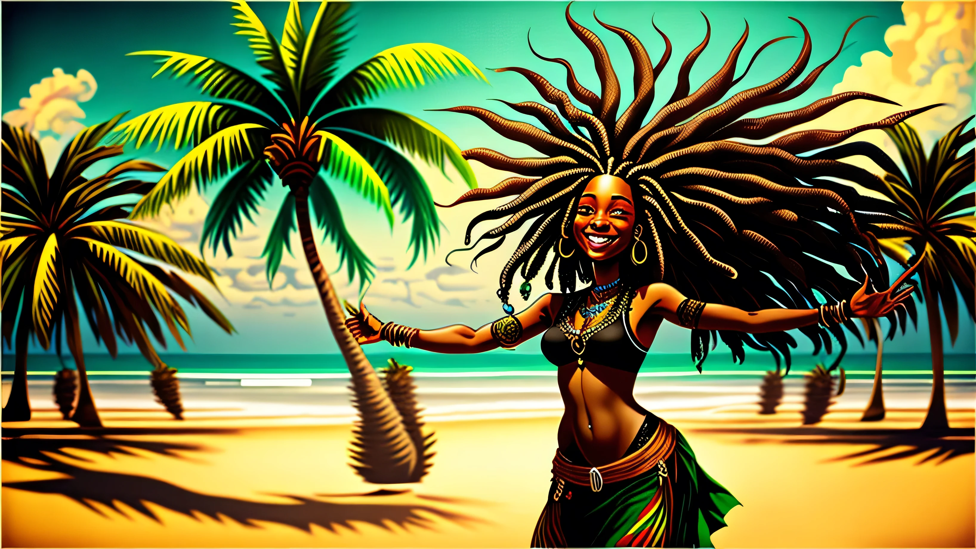 One smiling black Rastafarian woman, Dreadlocks Hair Reggae Color Realism Tattoo Design,Palm tree,Dancing