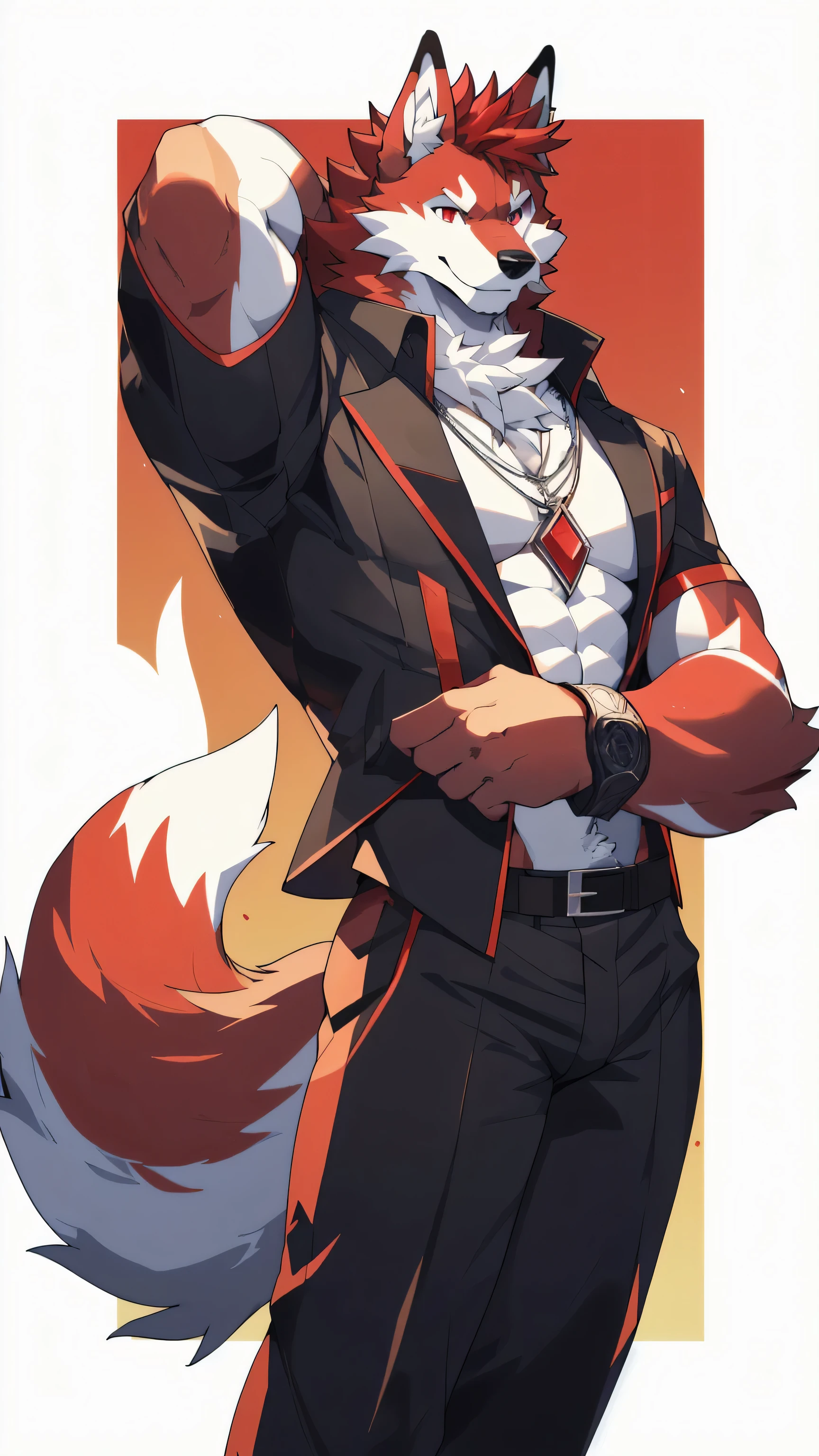 Orange background,high resolution,4K,masterpiece,high quality,35 years old,((Wolfdog)),male,((whole body:1.4,Strike a pose:1.5,Mature:1.3,Smiling face:1.4)),WolfdogFurry,(Uncle figure:1.5,hairy),((Moderate:1.2)),((Strong body:1.5,Long legs:1.3,big ear:1.3,Thick long tail,((White and black suit)),(((Red head:1.4,White neck:1.3,Red eyes:1.3,White chest:1.3,White belly:1.3,Red back of hand:1.3,Red and white tail:1.3))),Delicate eyes:1.6,Fine details,Detailed body,(Detailed hand details:1.4)