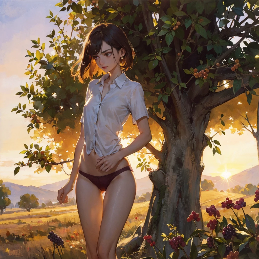 Exquisite slender thin gentle girl  (with a perfect gentle face of the southern type) (with short dark burgundy hair) with freckles (with ruby earring) in the rays of the rising sun, naked with tender bare breasts with pink swollen nipples ((barefoot)) ((in an unbuttoned open burgundy shirt over a naked body and in small burgundy panties)) (on the veranda in the garden) Drinks (coffee) and looks at the flowers, in watercolor style, discreet light shades, Flares, (imitation of film photography), against the sun, a lot of sun glare, light fills the frame, olive and grape groves, strong wind, Brick Road, high image quality, Maximum detail, sunset lighting, Warm evening shades, (warm golden and olive sunset light), big space eyes, olive and grape groves, Brick Road