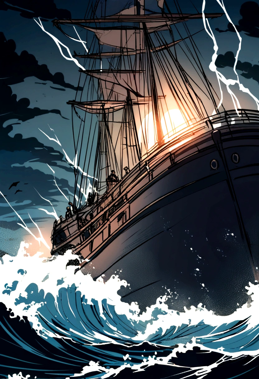 A ship caught in a raging storm, waves crashing over the deck, lightning illuminating the terrified faces of the passengers. --ar 9:16