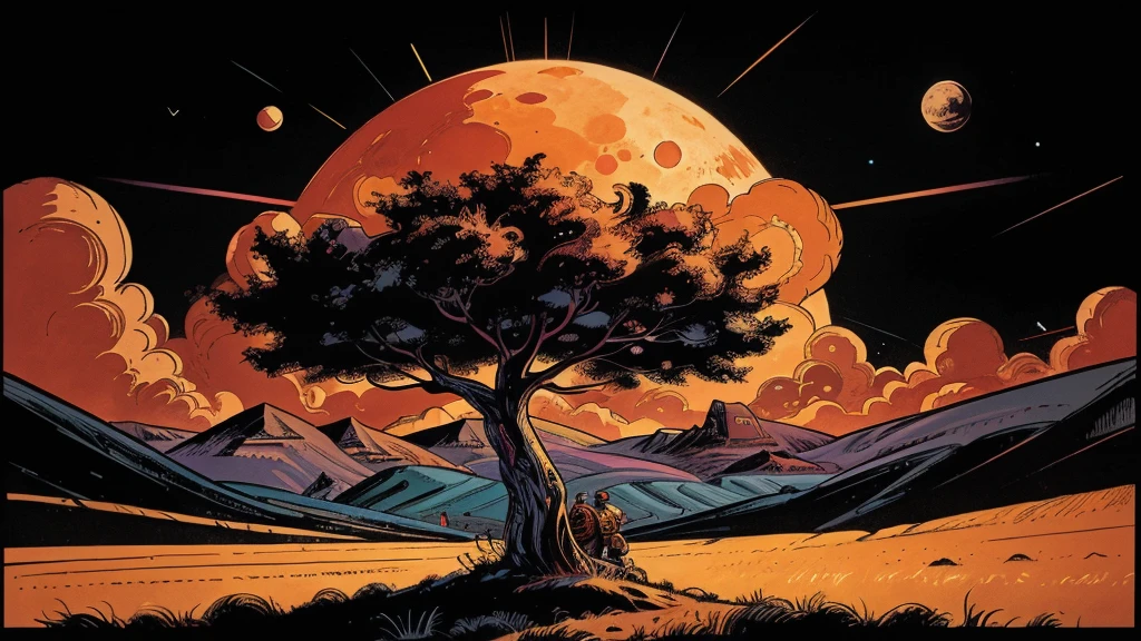 Use this prompt to create an image in the style of 1950s-70s comic book art. Use bold outlines, halftone patterns. Employ intense, saturated colors reminiscent of vintage four-color printing. Maintain a psychedelic, otherworldly atmosphere with swirling, colorful skies and strange celestial bodies. Emphasize the contrast between light and shadow to create a dramatic, pulp sci-fi feel. Create an image of: a 1950s housewife