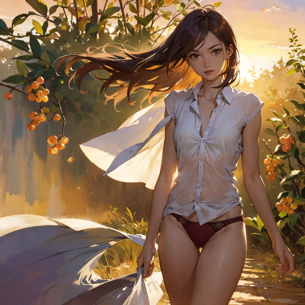 Exquisite, slender, delicate girl of with a perfect gentle face of the southern type (with short dark burgundy hair) with freckles (with ruby earring) in the rays of the rising sun, naked with tender bare breasts with pink swollen nipples ((barefoot)) ((in an unbuttoned open burgundy shirt over a naked body and in small burgundy panties)) (on the veranda in the garden) Drinks (coffee) and looks at the flowers, in watercolor style, discreet light shades, Flares, (imitation of film photography), against the sun, a lot of sun glare, light fills the frame, olive and grape groves, strong wind, Brick Road, high image quality, Maximum detail, sunset lighting, Warm evening shades, (warm golden and olive sunset light), big space eyes, olive and grape groves, Brick Road
