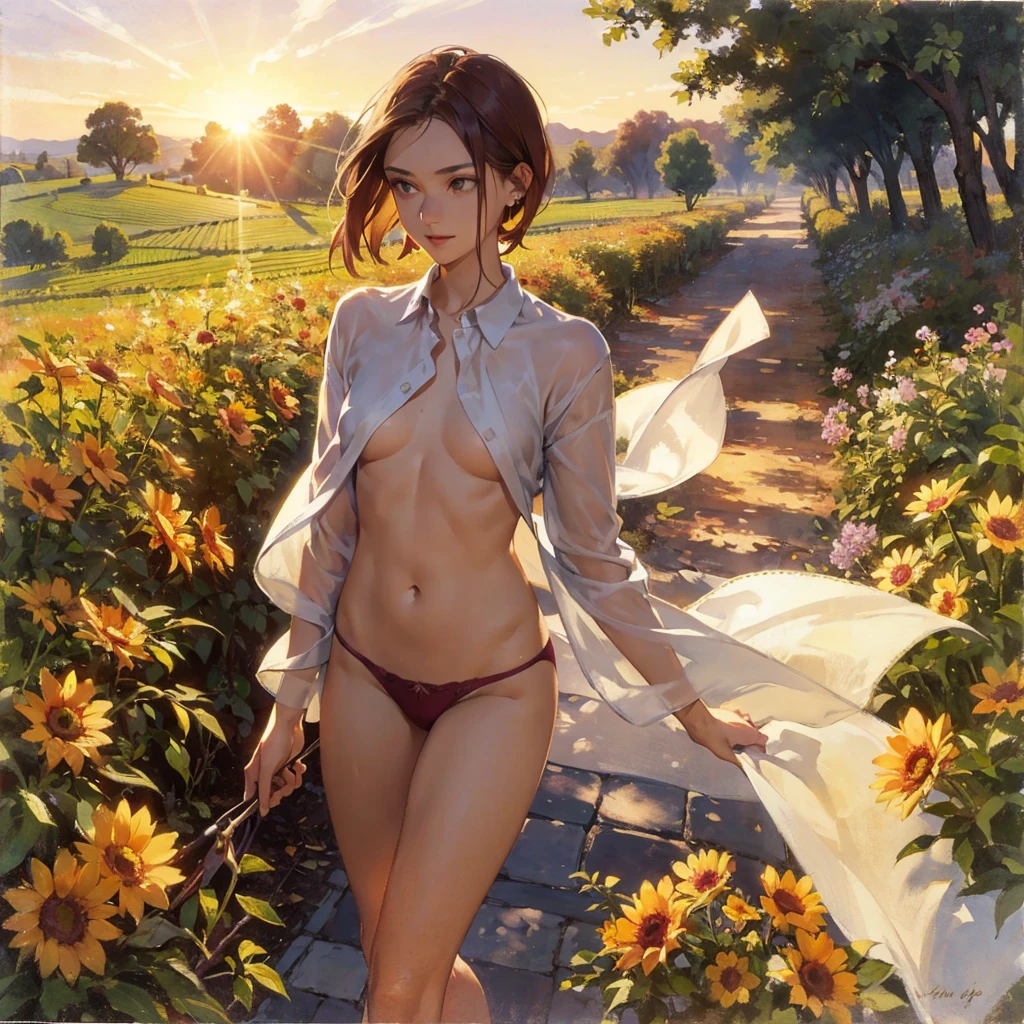 Exquisite, slender, delicate girl of with a perfect gentle face of the southern type (with short dark burgundy hair) with freckles (with ruby earring) in the rays of the rising sun, naked with tender bare breasts with pink swollen nipples ((barefoot)) ((in an unbuttoned open burgundy shirt over a naked body and in small burgundy panties)) (on the veranda in the garden) Drinks (coffee) and looks at the flowers, in watercolor style, discreet light shades, Flares, (imitation of film photography), against the sun, a lot of sun glare, light fills the frame, olive and grape groves, strong wind, Brick Road, high image quality, Maximum detail, sunset lighting, Warm evening shades, (warm golden and olive sunset light), big space eyes, olive and grape groves, Brick Road