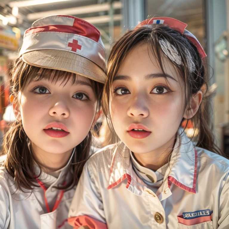 KAWAII girls in Kidzania trying on a Nurse uniform, extremely detailed eyes and face, beautiful detailed lips, longeyelashes, intricate costume details, realistic lighting, (best quality,4k,8k,highres,masterpiece:1.2),ultra-detailed,(realistic,photorealistic,photo-realistic:1.37),professional, bright colors, (Exposeed:0.28)