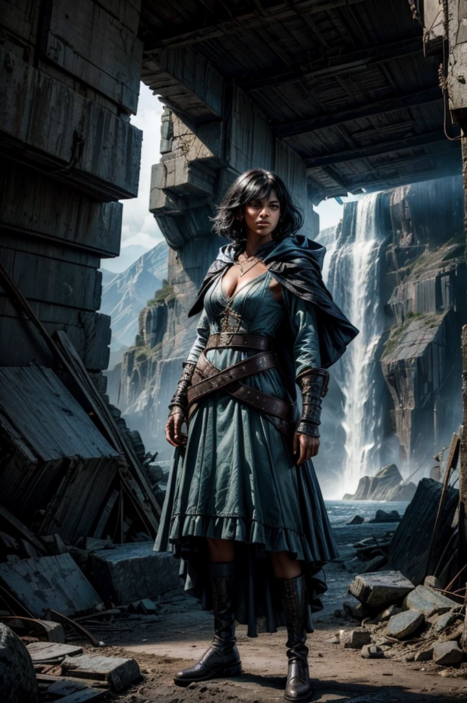 MariaCalavera, dark skin, black hair, short hair, silver eyes, dress, cleavage, cape, belts, hood, cowboy shot, (dynamic pose), standing in city ruins on hill, in valley, BREAK mountains in background, waterfall, crowd, (crowd in military uniform), post-apocalypse, dystopian future, (volumetric lighting), intricate details, tonemapping, sharp focus, hyper detailed