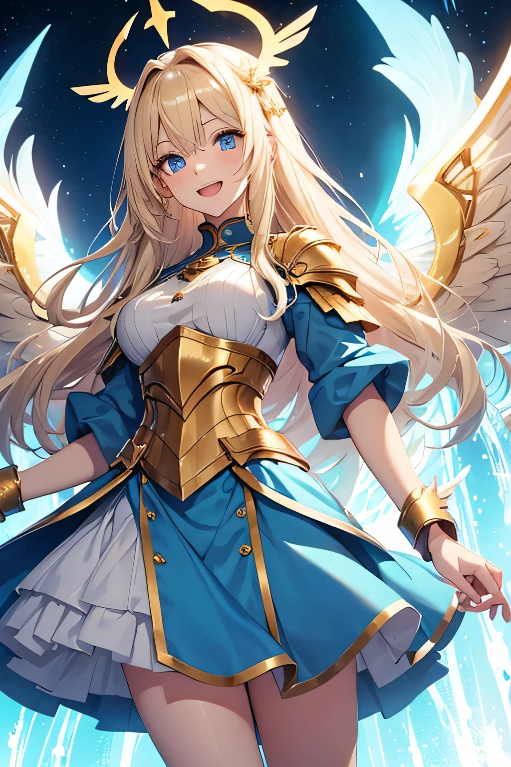 woman, 18 years old, long blonde hair, light blue eyes. Golden and blue armor, skirt, wings and angel halo, energetic open mouth smile.