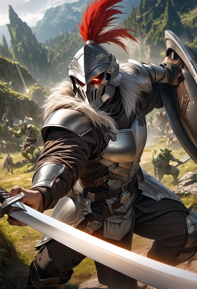 perfect hands, perfect finger,perfect anatomy, masterpiece, best quality,realistic, hyperrealistic, 16k hdr,1 muscular man,,goblin slayer, armor, helmet, glowing eye, plume, fur collar, (long sword, shield:1.4),fantasy world,outdoor,fighting pose,dynamic pose,upper body