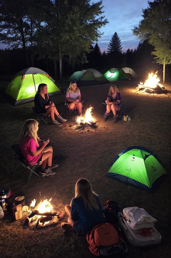 Picture taken with an iPhone. Camping area, in front of a tent. Wearing only underwear. Two girls together. One girl is blonde and the other girl is brunette. Around a fire. It’s almost nighttime
