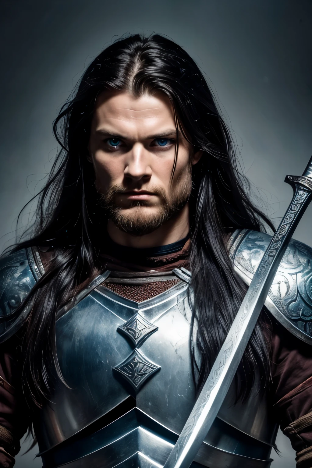 A Viking warrior with long, wavy black hair, blue eyes, a serious expression, dressed in armor. He was battered and bloody, shouting as he held a massive sword.