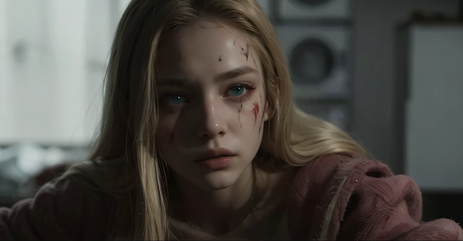 1 girl, Green Eye, long blonde hair, face detailed,BLOOD ON THE FACE, bruised,dark scenery