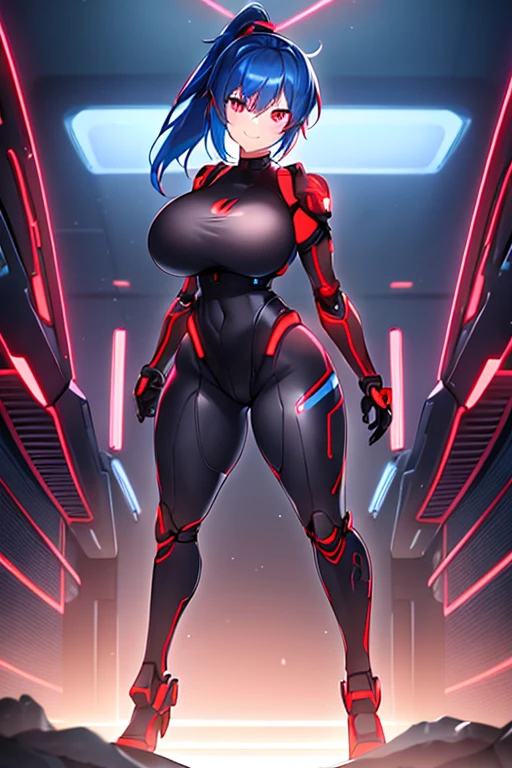 1girl, red eyes, blue hair, short hair, ponytail, large breasts, hourglass figure, bodysuit, black bodysuit, neon, neon trim, machinery, tech, science-fiction, futuristic, smile, standing, full body, ((full body)), ((long ponytail)), arms down, hands down, robot girl, pantyhose, bñack pantyhose