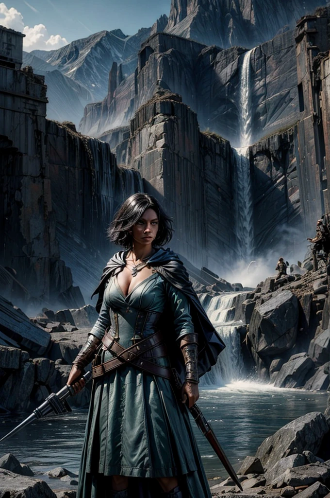 MariaCalavera, dark skin, black hair, short hair, silver eyes, dress, cleavage, cape, belts, hood, cowboy shot, (dynamic pose), standing in city ruins on hill, in valley, BREAK mountains in background, waterfall, crowd, (crowd in military uniform), post-apocalypse, dystopian future, (volumetric lighting), intricate details, tonemapping, sharp focus, hyper detailed 