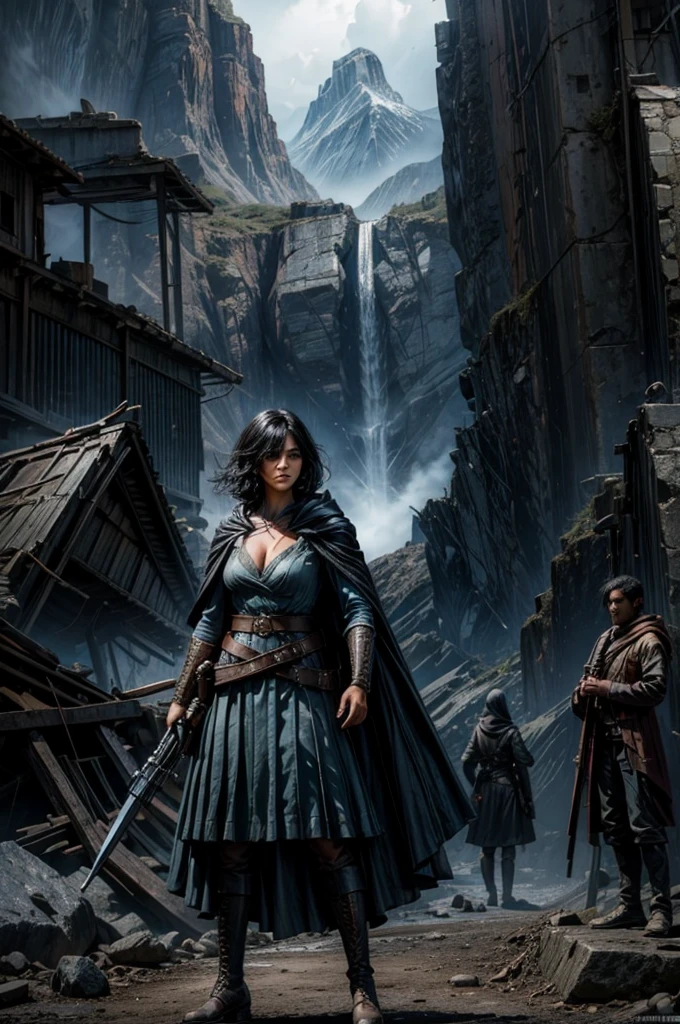MariaCalavera, dark skin, black hair, short hair, silver eyes, dress, cleavage, cape, belts, hood, cowboy shot, (dynamic pose), standing in city ruins on hill, in valley, BREAK mountains in background, waterfall, crowd, (crowd in military uniform), post-apocalypse, dystopian future, (volumetric lighting), intricate details, tonemapping, sharp focus, hyper detailed