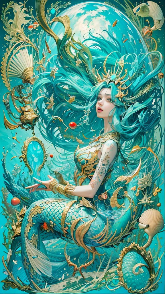 offcial art, Unity 8k Wallpaper, Ultra-detailed, Beautiful and aesthetically pleasing, tmasterpiece, best qualityer, (zentangle, datura, clew, meshing), (s fractal art: 1.3), Mermaid form, Huge fish tail，Sit on top of a large conch，(Hairstyles: Long hair) the ocean，complexdetails，, Extremely detailed, dynamic angle, The most beautiful forms of chaos, vivd colour, romanticism lain, seafoam, Buble, shells, Fish, pearls，conch，Large sea snails，ocean floor，Under the water，lobster，The fish，Colorful coral reef rocks，All kinds of conch shells
