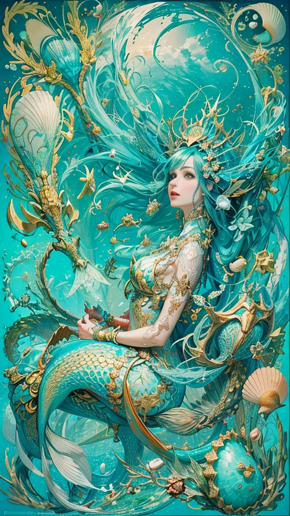 offcial art, Unity 8k Wallpaper, Ultra-detailed, Beautiful and aesthetically pleasing, tmasterpiece, best qualityer, (zentangle, datura, clew, meshing), (s fractal art: 1.3), Mermaid form, Huge fish tail,Sit on top of a large conch,(Hairstyles: Long hair) the ocean,complexdetails,, Extremely detailed, dynamic angle, The most beautiful forms of chaos, vivd colour, romanticism lain, seafoam, Buble, shells, Fish, pearls,conch,Large sea snails,ocean floor,Under the water,lobster,The fish,Colorful coral reef rocks,All kinds of conch shells