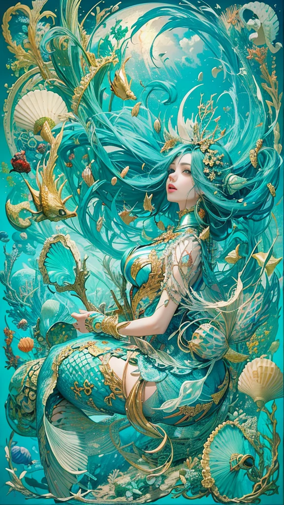 offcial art, Unity 8k Wallpaper, Ultra-detailed, Beautiful and aesthetically pleasing, tmasterpiece, best qualityer, (zentangle, datura, clew, meshing), (s fractal art: 1.3), Mermaid form, Huge fish tail,Sit on top of a large conch,(Hairstyles: Long hair) the ocean,complexdetails,, Extremely detailed, dynamic angle, The most beautiful forms of chaos, vivd colour, romanticism lain, seafoam, Buble, shells, Fish, pearls,conch,Large sea snails,ocean floor,Under the water,lobster,The fish,Colorful coral reef rocks,All kinds of conch shells