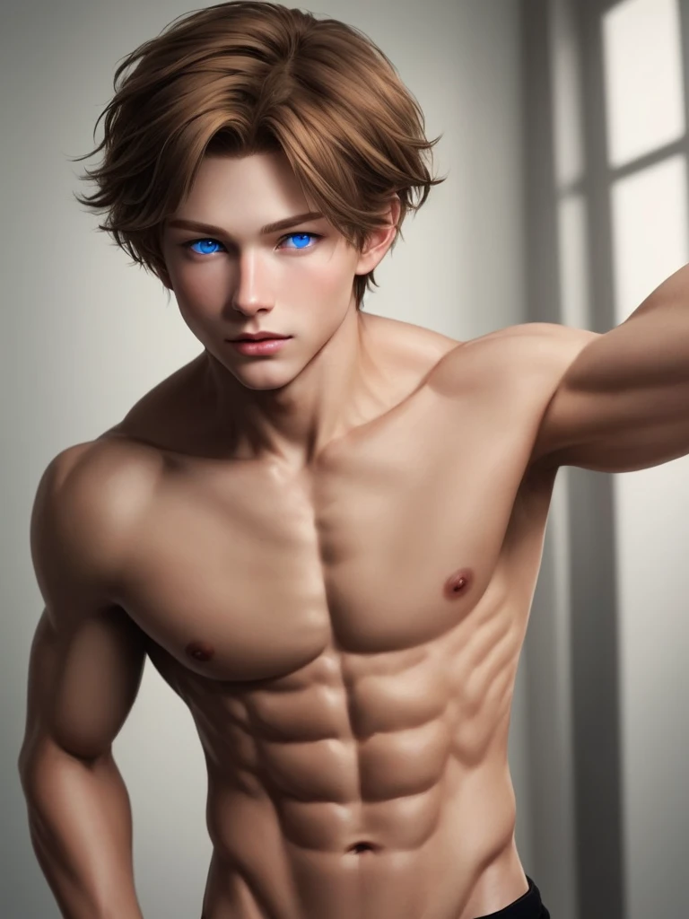 Create a boy with light brown hair, blue eyes, a defined and quite handsome physical body.