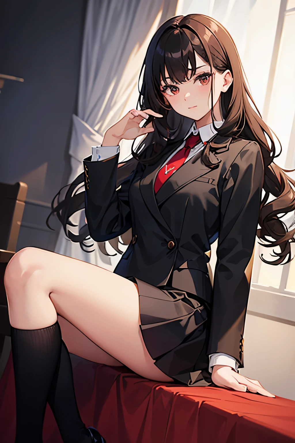 young girl, 14 years old, charming appearance, white dress shirt with red tie, black skirt, long black socks, matching black shoes, flowing dark brown hair, soft waves with curly ends, bright brown eyes, natural makeup, casual pose, clean lines, realistic, 8K, high resolution, vivid colors, soft lighting, studio quality, sharp focus, depth of field, fine painting, ultra-detailed.