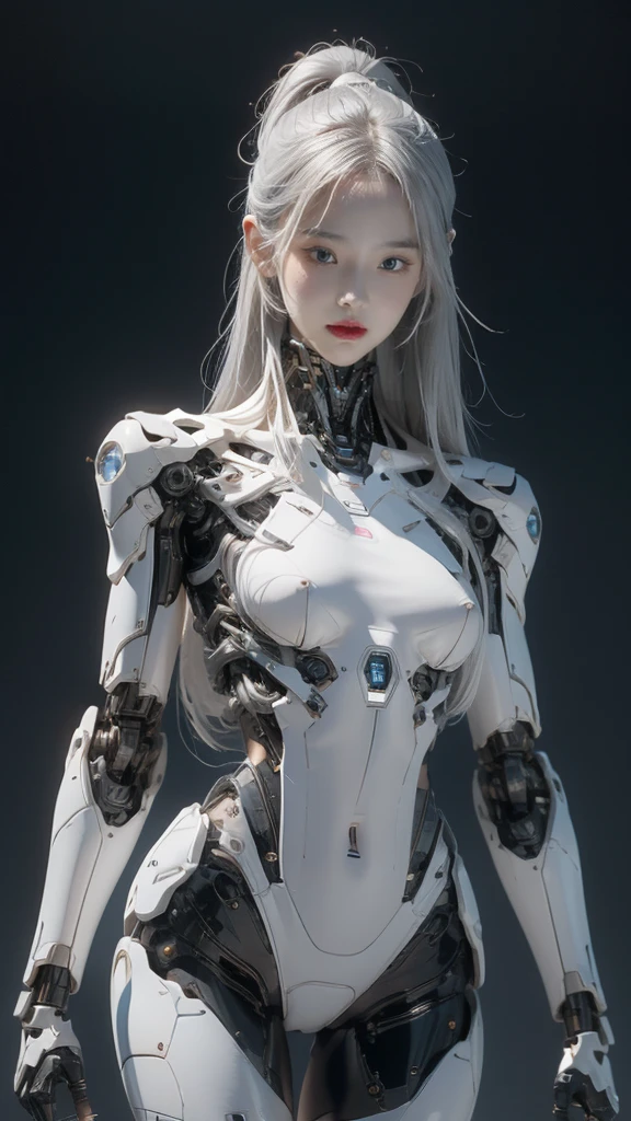 {{best quality, 1080P, Masterpiece, Ultra high resolution, photorealistic, ultra realism, Realistic skin texture, Extreme skin detail, dslr, Detailed eyes,  Facing the camera, very beautiful face, Concise facial structure, Pale skin, Realistic skin texture, Extreme skin detail, oc render reflection textures, Realistic light and shadow, Single picture, alone, gray hair, The body is slim and balanced., Age 20, Height 170, naked girl, Nude, sexy pose, no underwear, A girl with the body of a mechanical robot., Transparent futuristic black glass mech armor suit, The mechanical cervix is attached to the neck., The robot circuit is stuck in the middle of the back., flat stomach, Girl with perfect robot arms and legs, full body view, Whole body photo.}}