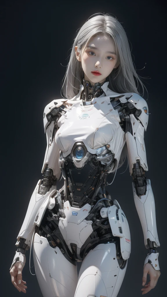 {{best quality, 1080P, Masterpiece, Ultra high resolution, photorealistic, ultra realism, Realistic skin texture, Extreme skin detail, dslr, Detailed eyes, Facing the camera, very beautiful face, Concise facial structure, Pale skin, Realistic skin texture, Extreme skin detail, oc render reflection textures, Realistic light and shadow, Single picture, alone, gray hair, The body is slim and balanced., Age 20, Height 170, naked girl, Nude, sexy pose, no underwear, A girl with the body of a mechanical robot., Transparent futuristic black glass mech armor suit, The mechanical cervix is attached to the neck., The robot circuit is stuck in the middle of the back., flat stomach, Girl with perfect robot arms and legs, full body view, Whole body photo.}}