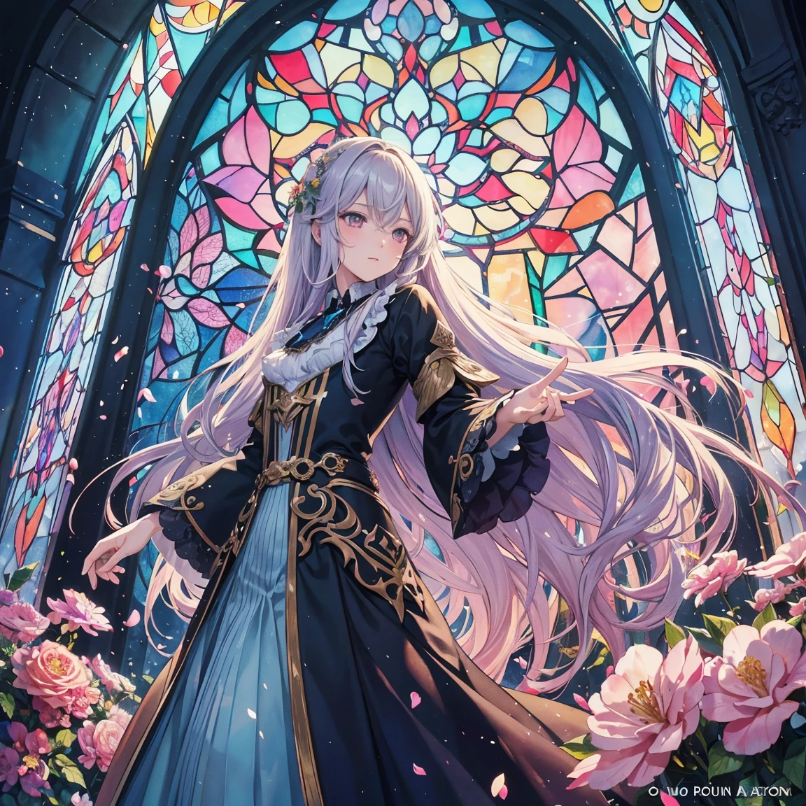 Tidal Games,posh,Hair color,ventania,Fly petals,stained glass,Decorative style,Complicated details,dufkova,2d,line art,aquarelle,Ink and watercolor,Random color hair,Extra-long hair,wavy,Alraun,Flowers,Alraun,