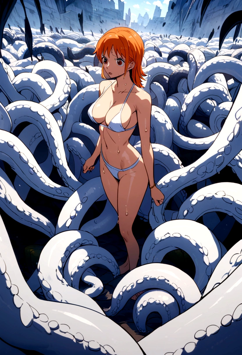 Nami from One Piece half naked and wet surrounded by hundreds of giant white tentacles