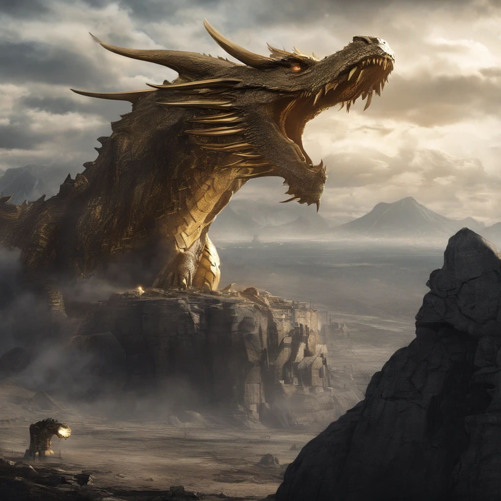 A giant rock-shaped dragon with a golden body, a huge golden mountain, and a roaring, shining magic circle