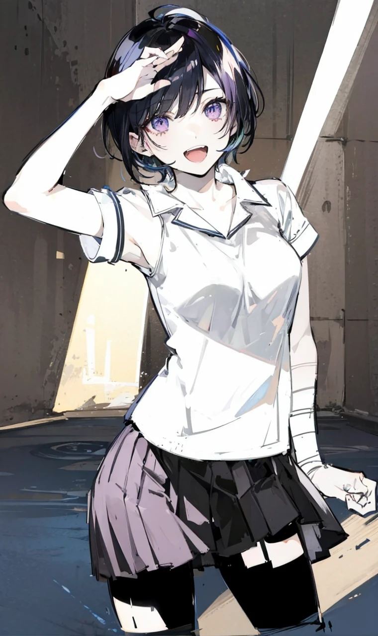15 year old teenage , anime style, clear skin, short hair, violet hair, purple eyes, happy face, sobering, wearing a , white sleeveless t-shirt, dark green skirt, lifting her skirt with both hands, showing her black panties