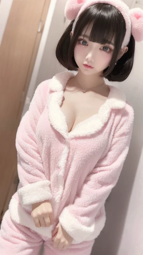 masterpiece、high quality、ピンクのWearing pajamasソファでポーズをとるかわいい女の子, Nightwear, Wearing pajamas, 白いWearing pajamas, Pink clothes, ゆったりしたWearing pajamasいる, (night:1.5, Dark Room:1.5, Dim lighting), Smooth, white, fluffy clothing、Cute face with arms and legochako, Brush Sticker, Big cleavage、(Japanese jirai kei girl:1.5, jirai kei makeup:1.3)、