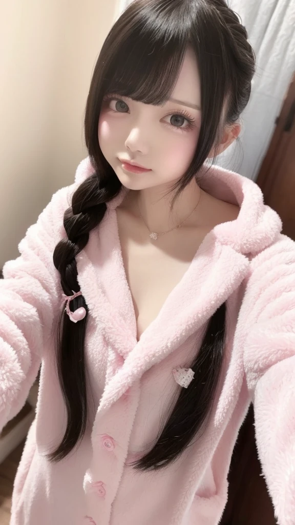 masterpiece、high quality、ピンクのWearing pajamasソファでポーズをとるかわいい女の子, Nightwear, Wearing pajamas, 白いWearing pajamas, Pink clothes, ゆったりしたWearing pajamasいる, (night:1.5, Dark Room:1.5, Dim lighting), Smooth, white, fluffy clothing、Cute face with arms and legochako, Brush Sticker, Big cleavage、(Japanese jirai kei girl:1.5, jirai kei makeup:1.3)、