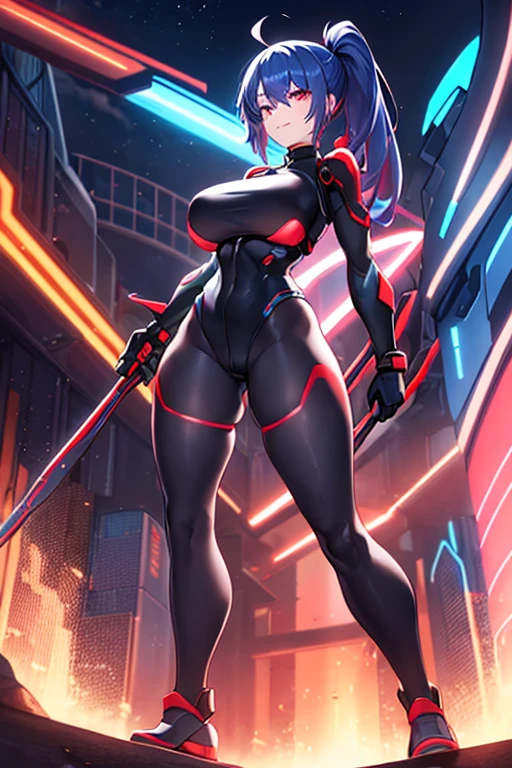 1girl, red eyes, blue hair, short hair, ponytail, large breasts, hourglass figure, bodysuit, black bodysuit, neon, neon trim, machinery, tech, science-fiction, futuristic, smile, standing, full body, ((full body)), ((long ponytail)), arms down, hands down, robot girl, pantyhose, black pantyhose