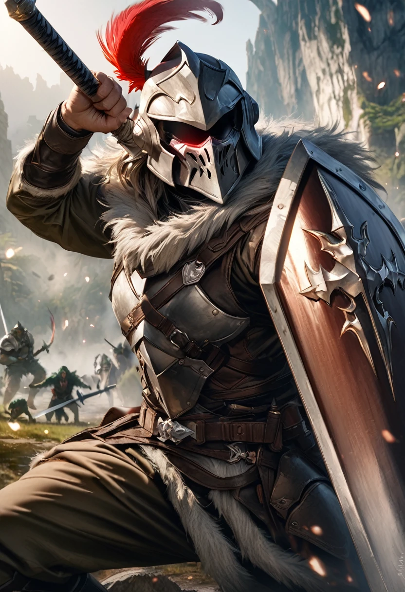 perfect hands, perfect finger,perfect anatomy, masterpiece, best quality,realistic, hyperrealistic, 16k hdr,1 muscular man,,goblin slayer, armor, helmet, glowing eye, plume, fur collar, (long sword, shield:1.4),fantasy world,outdoor,fighting pose,dynamic pose,upper body