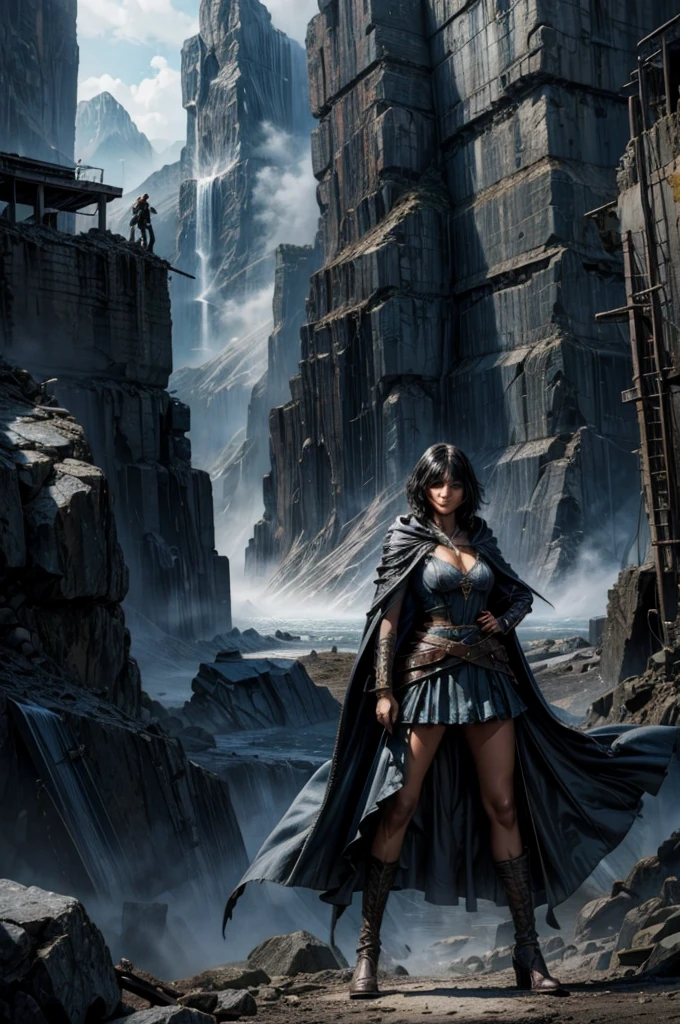 MariaCalavera, dark skin, black hair, short hair, silver eyes, dress, cleavage, cape, belts, hood, cowboy shot, (dynamic pose), standing in city ruins on hill, in valley, BREAK mountains in background, waterfall, crowd, (crowd in military uniform), post-apocalypse, dystopian future, (volumetric lighting), intricate details, tonemapping, sharp focus, hyper detailed 