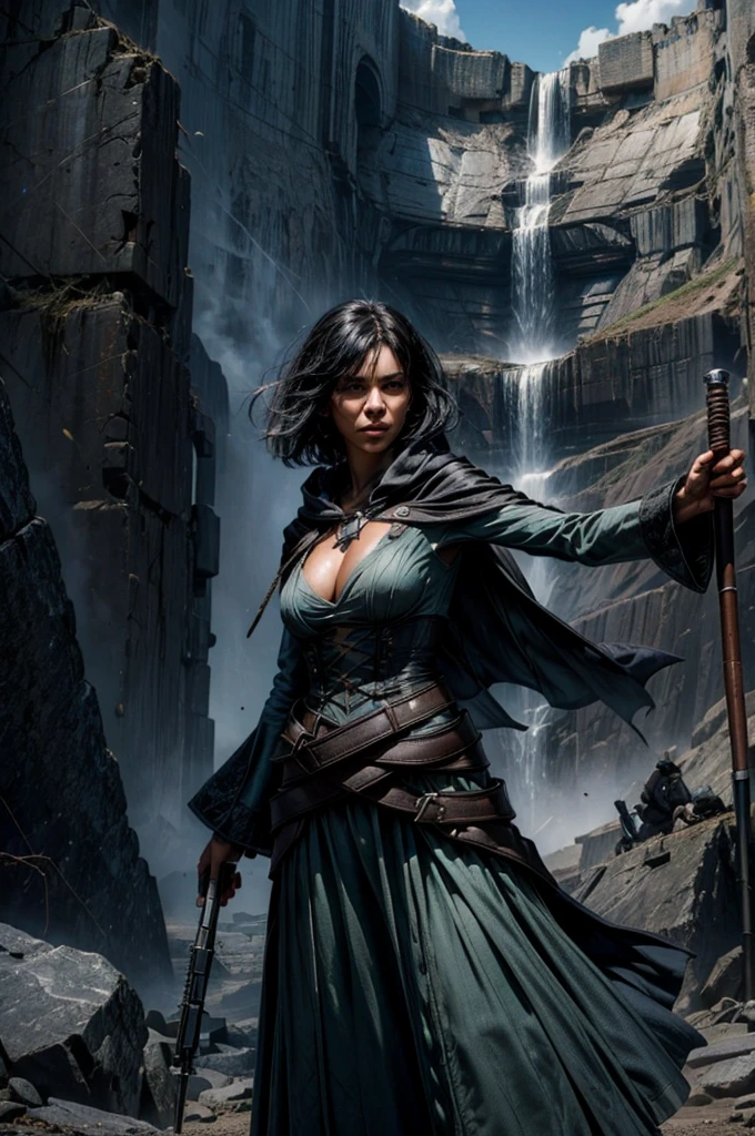 MariaCalavera, dark skin, black hair, short hair, silver eyes, dress, cleavage, cape, belts, hood, cowboy shot, (dynamic pose), standing in city ruins on hill, in valley, BREAK mountains in background, waterfall, crowd, (crowd in military uniform), post-apocalypse, dystopian future, (volumetric lighting), intricate details, tonemapping, sharp focus, hyper detailed 