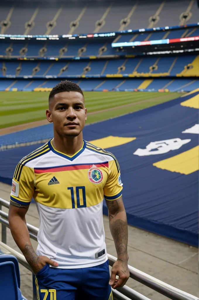 Man in the stadium with the Colombia national team shirt with the name on the back where it says fredy