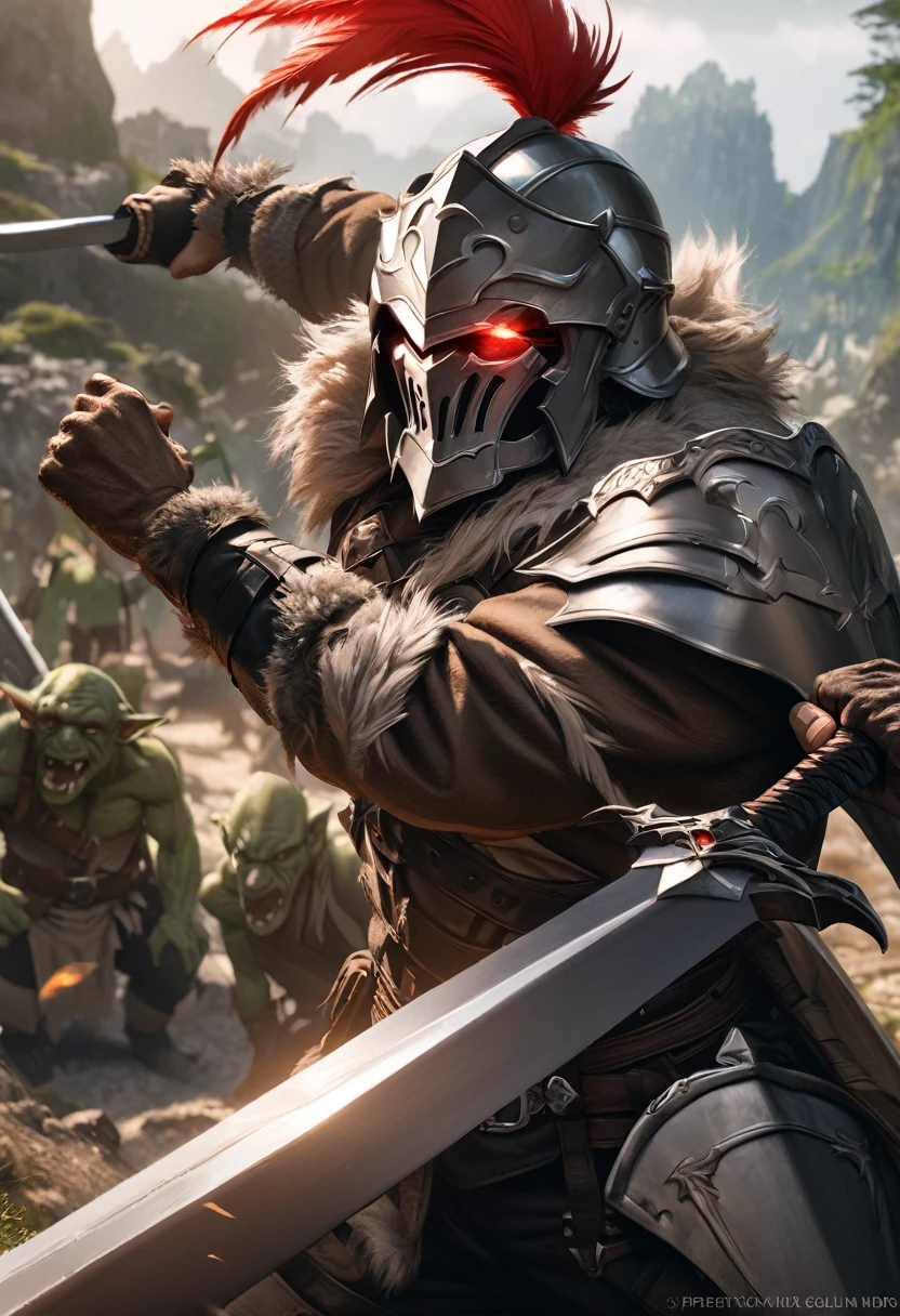 perfect hands, perfect finger,perfect anatomy, masterpiece, best quality,realistic, hyperrealistic, 16k hdr,1 muscular man,,goblin slayer, armor, helmet, glowing eye, plume, fur collar, (long sword, shield:1.4),fantasy world,outdoor,fighting pose,dynamic pose,upper body