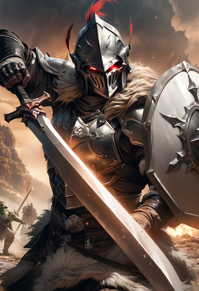 perfect hands, perfect finger,perfect anatomy, masterpiece, best quality,realistic, hyperrealistic, 16k hdr,1 muscular man,,goblin slayer, armor, helmet, glowing eye, plume, fur collar, (long sword, shield:1.4),fantasy world,outdoor,fighting pose,dynamic pose,upper body