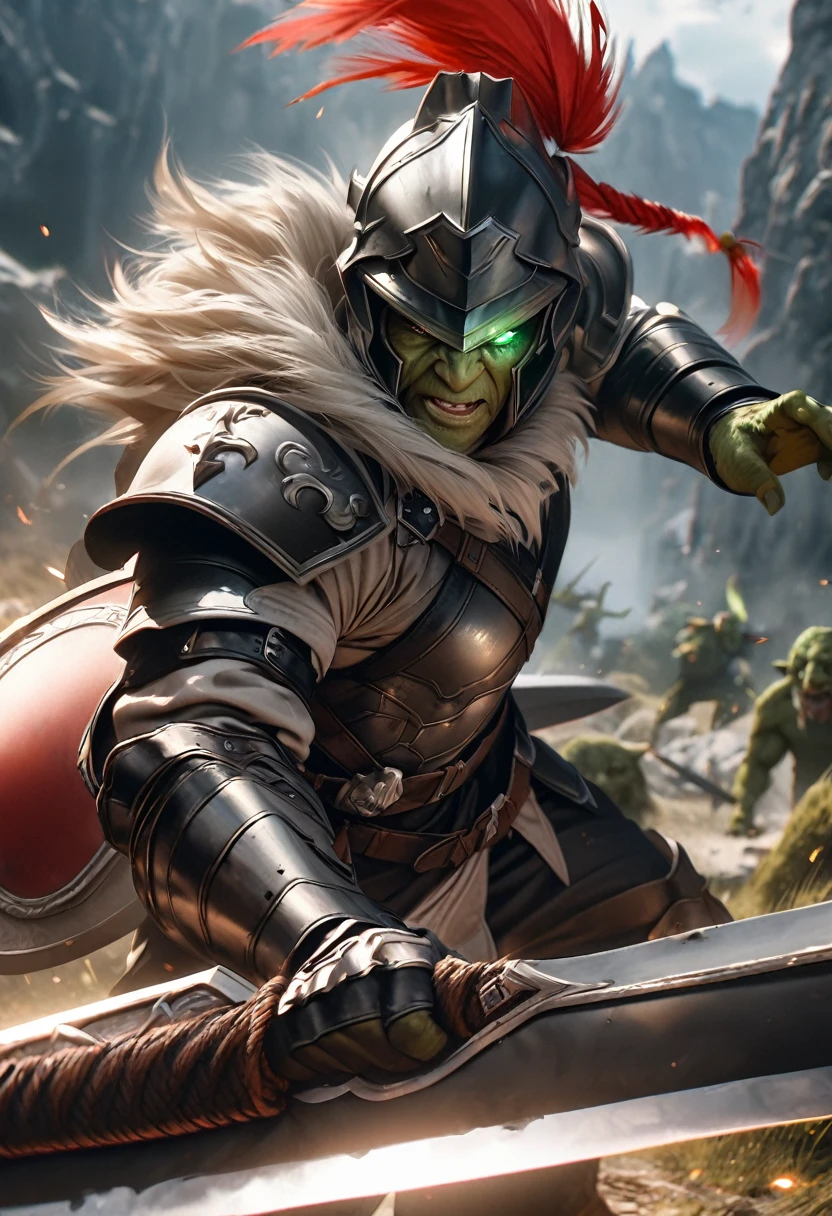 perfect hands, perfect finger,perfect anatomy, masterpiece, best quality,realistic, hyperrealistic, 16k hdr,1 muscular man,,goblin slayer, armor, helmet, glowing eye, plume, fur collar, (long sword, shield:1.4),fantasy world,outdoor,fighting pose,dynamic pose,upper body