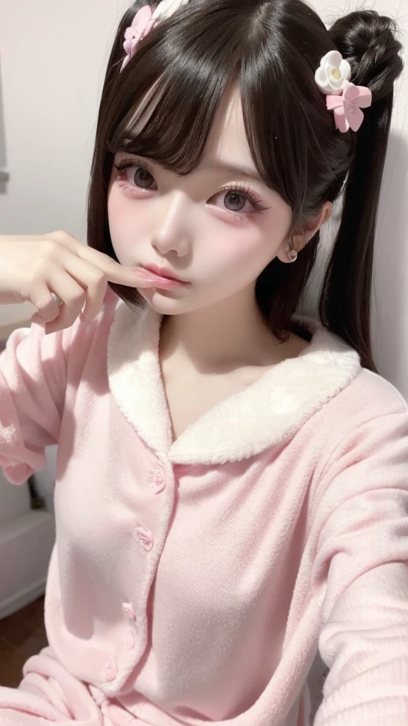 masterpiece、high quality、ピンクのWearing pajamasソファでポーズをとるかわいい女の子, Nightwear, Wearing pajamas, 白いWearing pajamas, Pink clothes, ゆったりしたWearing pajamasいる, (night:1.5, Dark Room:1.5, Dim lighting), Smooth, white, fluffy clothing、Cute face with arms and legochako, Brush Sticker, Big cleavage、(Japanese jirai kei girl:1.5, jirai kei makeup:1.3)、