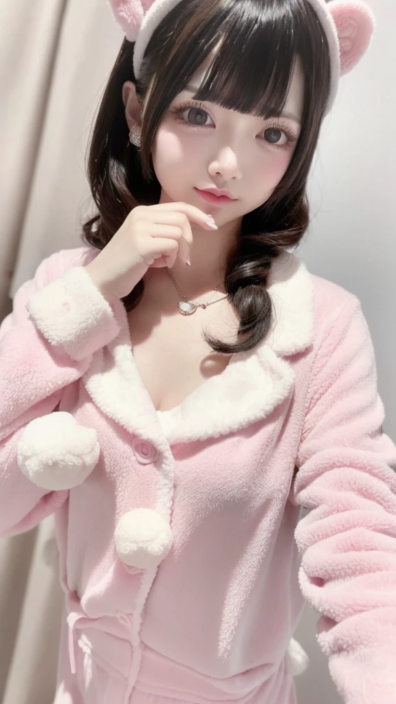 masterpiece、high quality、ピンクのWearing pajamasソファでポーズをとるかわいい女の子, Nightwear, Wearing pajamas, 白いWearing pajamas, Pink clothes, ゆったりしたWearing pajamasいる, (night:1.5, Dark Room:1.5, Dim lighting), Smooth, white, fluffy clothing、Cute face with arms and legochako, Brush Sticker, Big cleavage、(Japanese jirai kei girl:1.5, jirai kei makeup:1.3)、