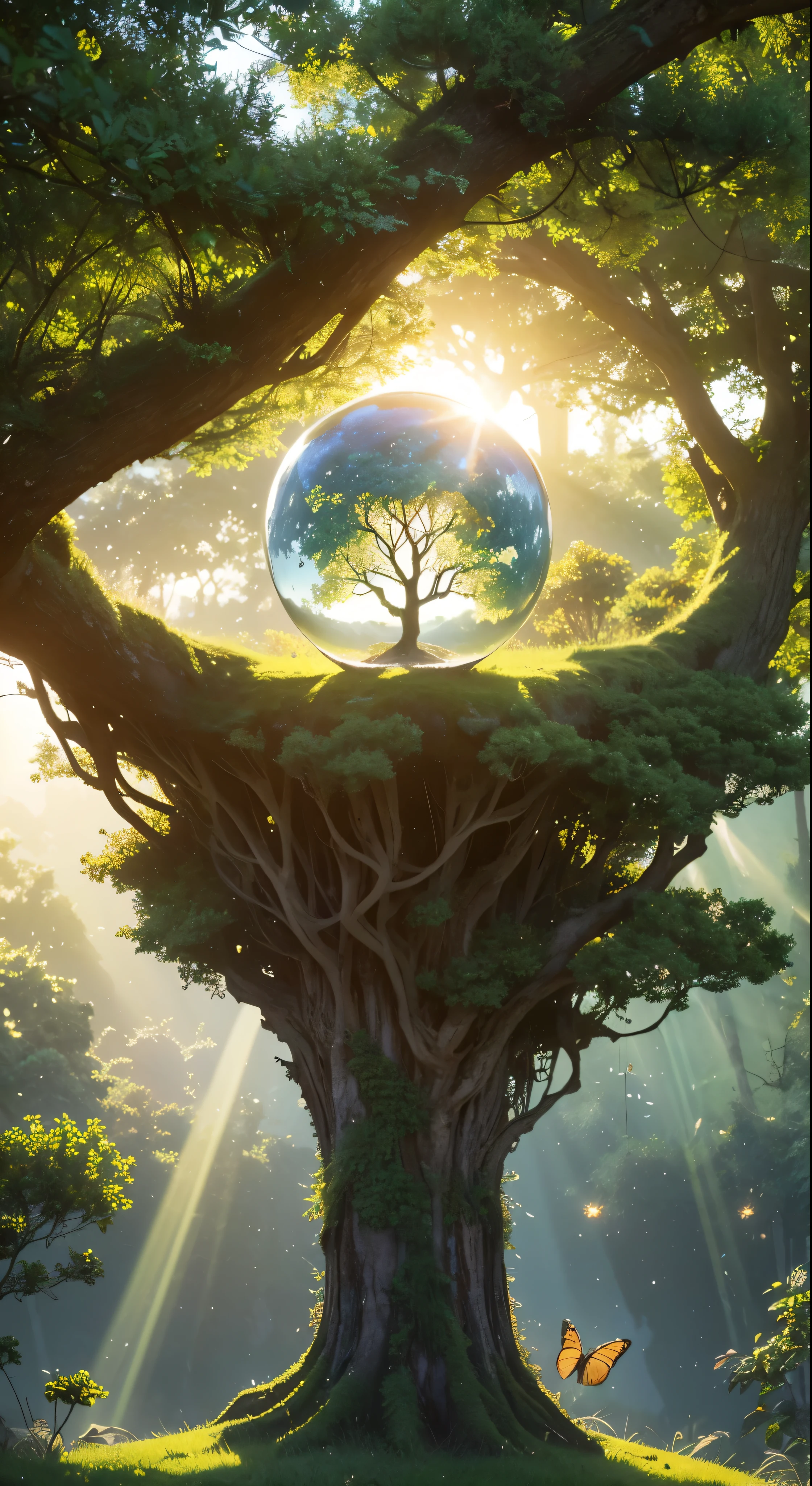 (masterpiece),(Highest quality:1.0)、(Ultra-high resolution)、detail、wood々Glass balls between、Digital Art、CG Society Contest Winner、Butterfly and sun rays、Concept art design illustration、Magnificent Nature