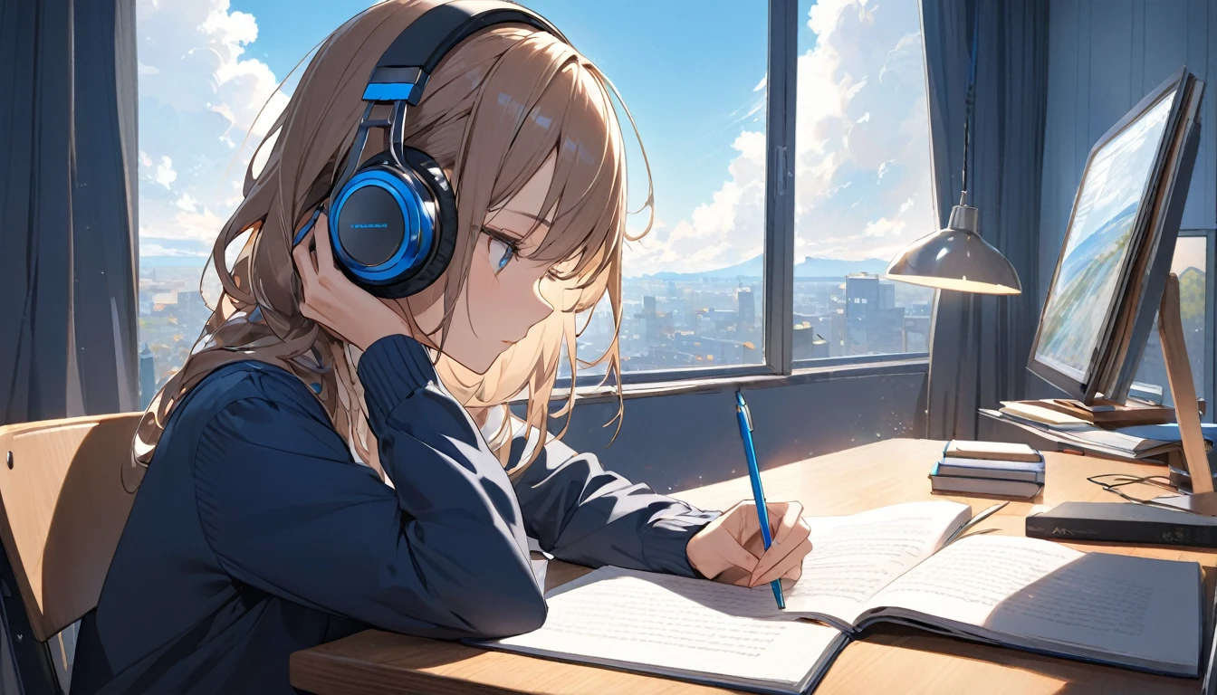 (Highest quality)A woman concentrating on her studies,Put on headphones,In front of a large window,blue sky