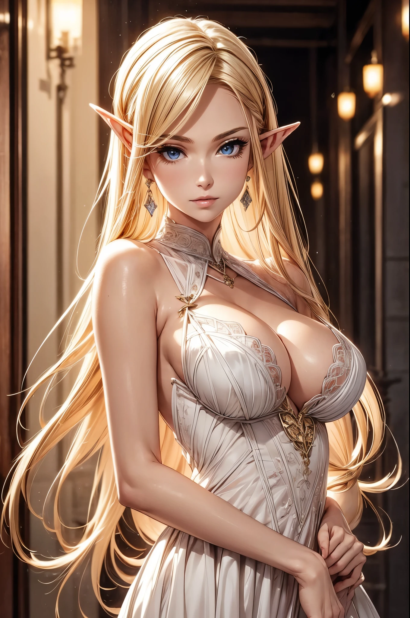 1 girl, Beautiful elf lady, blonde Long straight hair, upturn elf pointy ears, sexy figure, perfect breast, charming cleavage, very beautiful face, detailed face, delicate eyes, detailed pupil, beautiful and delicate lips, pale skin, Serious, arrogant, absurd, White gorgeous detailed dress, royalties, celebration, small crystal earrings, hand drawn animation, high detailed, palace banquet hall, symmetrical clothes, best quality, masterpiece, Fair, 