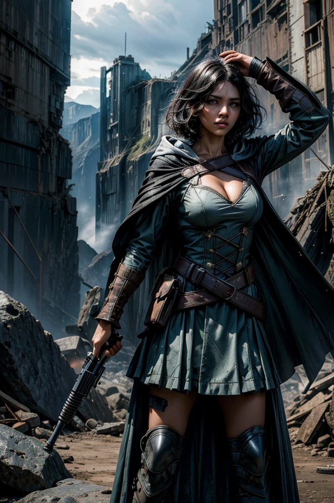 MariaCalavera, dark skin, black hair, short hair, silver eyes, dress, cleavage, cape, belts, hood, cowboy shot, (dynamic pose), standing in city ruins on hill, in valley, BREAK mountains in background, waterfall, crowd, (crowd in military uniform), post-apocalypse, dystopian future, (volumetric lighting), intricate details, tonemapping, sharp focus, hyper detailed