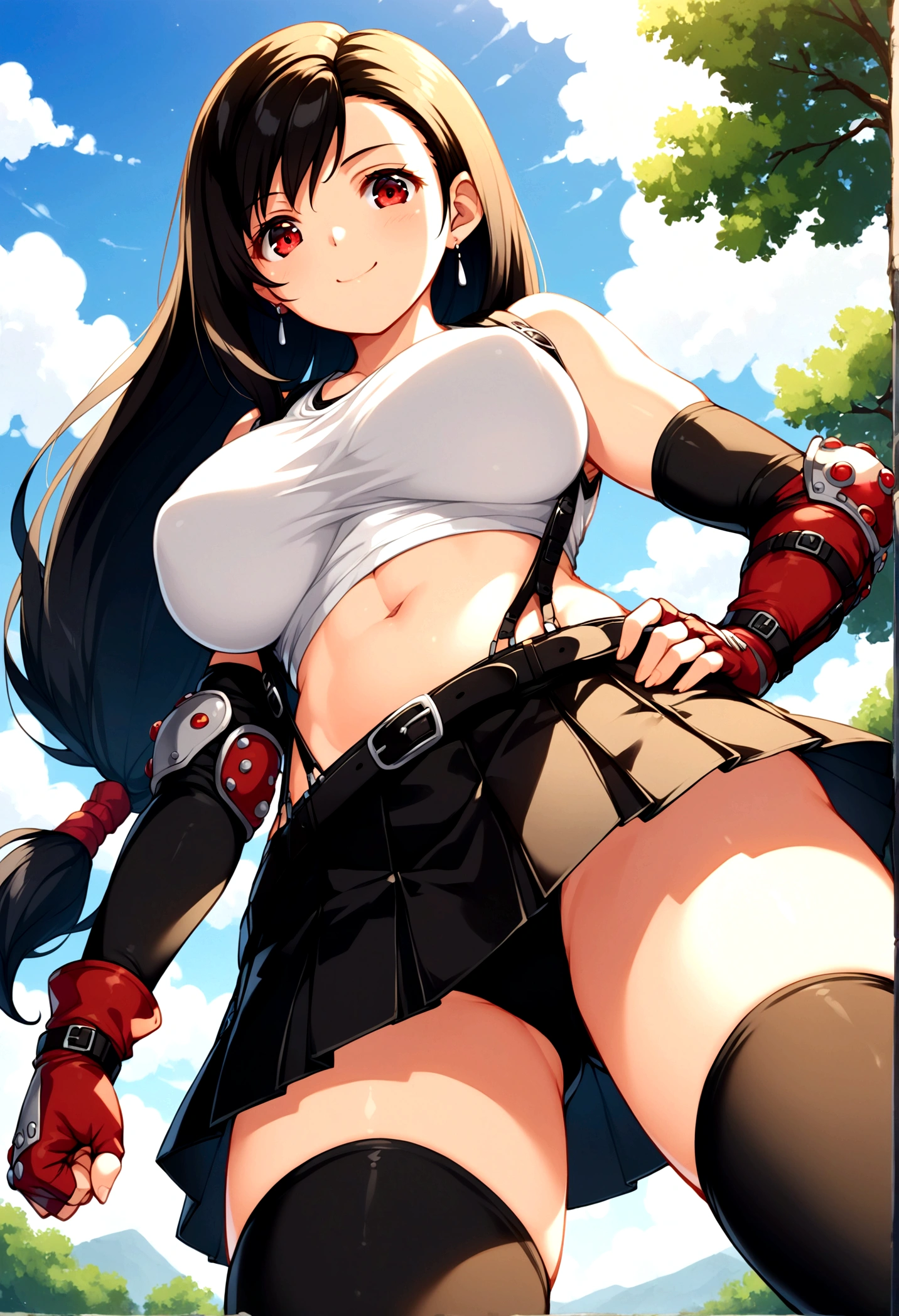 score_9, score_8_up, score_7_up,,BREAK , ,from below,low view,low angle,pov,straight-on,,standing,contrapost, ,,straight-on,Solo ,1girl, tifa lockhart, final fantasy, tareme,black hair, low-tied long hair, red eyes, bangs, (white tank top, belt, pleated skirt, thighhighs, elbow fingerless gloves, elbow pads, midriff, navel,suspender skirt) ,(large_breast),(light smile),fist,hand on own hip,daytime,outdoor,(ultra detailed),(best quality),(aesthetic,very aesthetic),UHD,extremely detailed CG unity 8k wallpaper,anime,depth of field,,,