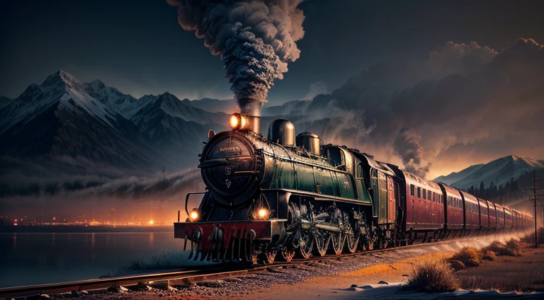 (best quality,4k,8k,highres,masterpiece:1.2),ultra-detailed,(realistic,photorealistic,photo-realistic:1.37),one train,sunset landscape background,moody atmosphere,silhouettes of trees and mountains,steam rising from the train,mysterious shadows,heavy fog,majestic scenery,faraway mountains,reflective lake,crisp air,melancholic mood,vibrant colors,vintage steam locomotive,echoing train whistle,lonesome feeling,smoke billowing from the train,captivating anticipation,subtle highlights and shadows,distant city lights,Gothic architecture, railway track,nighttime serenity
