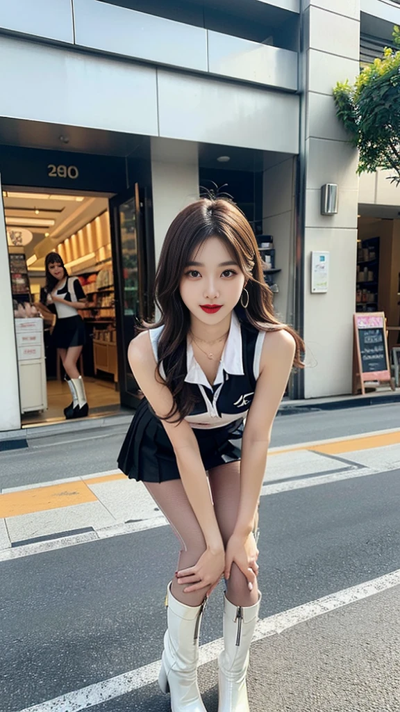 (((random composition : 1.2))), (realistic), (intricate details:1.2), (masterpiece、:1.3), (top quality:1.4), (Ultra A high resolution:1.2), Ultra A high resolution, 8K resolution, very detailed expression, (high quality), complete anatomy, natural anatomy, (full body photo:1.2), (1 korean girl), (In front of a cosmetics store), (Dancing femininely and sexyly : 1.4),(wearing a microphone),(doing promotional narration while dancing K-pop..:1.4), (Event girl dispatched for business promotion purposes : 1.6), she is 21 years old, (she is korean:1.6), (beautiful : 1.4), (brightly colored hair), (She is Narrator model : 1.4), (She is Companion : 1.4),(She is event assistant : 1.4), (big earrings), (in-ear microphone : 1.4), heavy makeup, cheerful expression, choker necklace, long legs, (The girl is wearing a slim, sleeveless racing girl uniform and a tight, shiny miniskirt.. : 1.4), (She is wearing flesh-colored shiny pantyhose under her skirt and white boots that go over her knees.. :1.4), glowing skin, passionate promotional model, friendly smile, (Making eye contact with each other :1.4), kidney practitioner, In front of the shopping mall, multiple wreaths, event roulette, signboard, event product promotion, Lots of people passing by on the street and paying attention to her., In front of the shopping mall in crowed