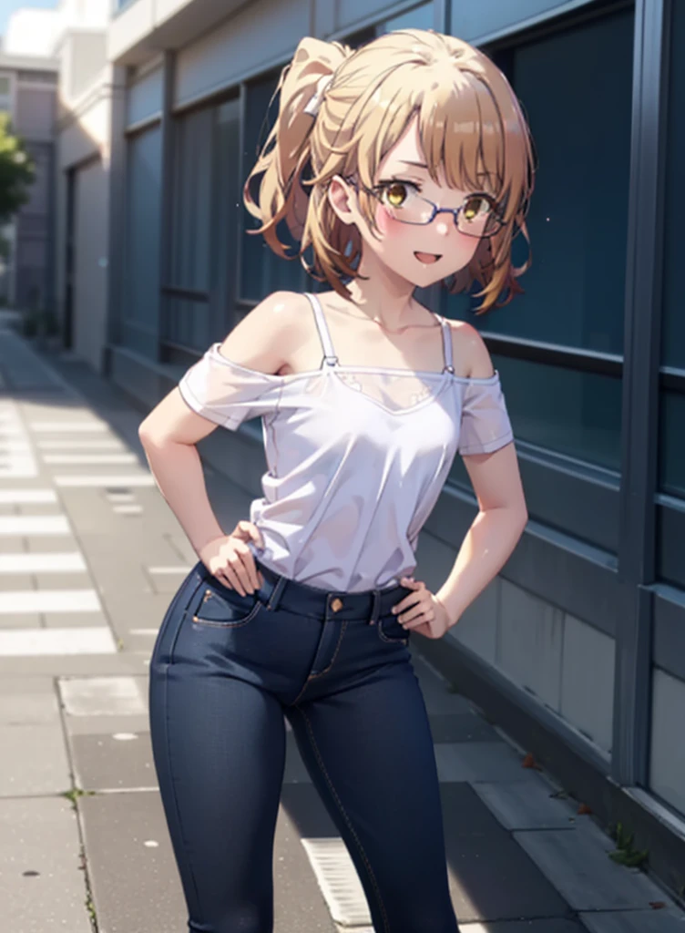 Irohaisshiki, isshiki iroha, Short Hair, Brown Hair, (Brown eyes:1.5), blush,ponytail,Squint both eyes,blush,Black-rimmed glasses,
happy smile, smile, Open your mouth,Cold Shoulder Shirt,Short sleeve skinny jeans,Stiletto heels,Daytime,Clear skies,Are standing,Put your right hand on your hip,whole bodyがイラストに入るように,Looking up from bottom to top,
break outdoors, School,courtyard,
break looking at viewer,whole body,
break (masterpiece:1.2), Highest quality, High resolution, unity 8k wallpaper, (figure:0.8), (Beautiful attention to detail:1.6), Highly detailed face, Perfect lighting, Highly detailed CG, (Perfect hands, Perfect Anatomy),