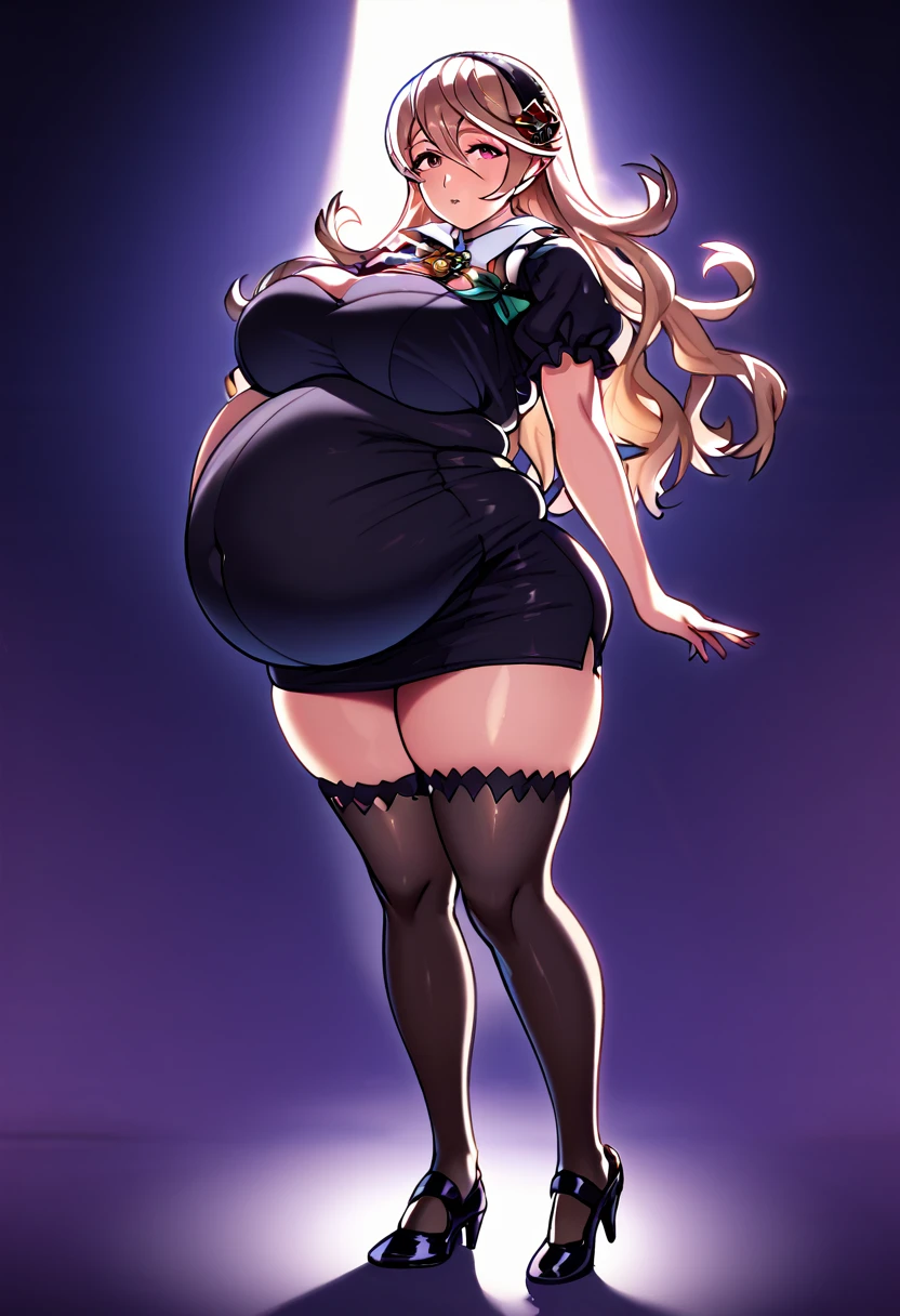 Corrin from Fire Emblem Fates, girl fat, obese body, big belly, sexy, stockings, cream blond hair, short night dress, night club, night, dark dress, black dress, black stockings, black and black shoes, (Masterpiece:1.2), best quality, high resolution, beautifully detailed, extremely detailed, perfect lighting,